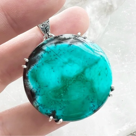 Round Dendritic Opal Gemstone Pendant Solid Sterling Silver 925 Handmade New - Picture 2 of 7